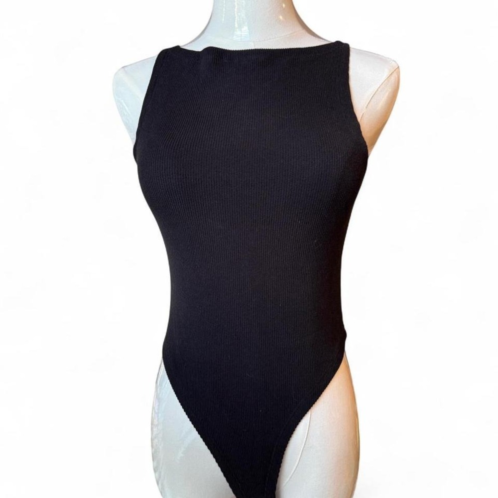 Black Bodysuit with High Neckline and Square Back - Size M